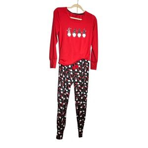 Womens Pajama Set Small Red‎ Black Gnome Holiday Long Sleeve Pants Loungewear